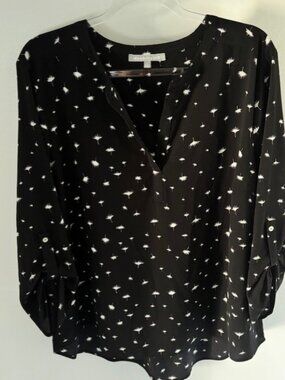 Daniel Rainn Black White Abstract Floral 3/4 Roll Tab V Neck Blouse XXL Minimal